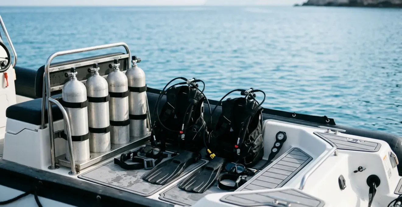 Pont arrière d'un semi-rigide de plongée aménagé avec râtelier à blocs et protections