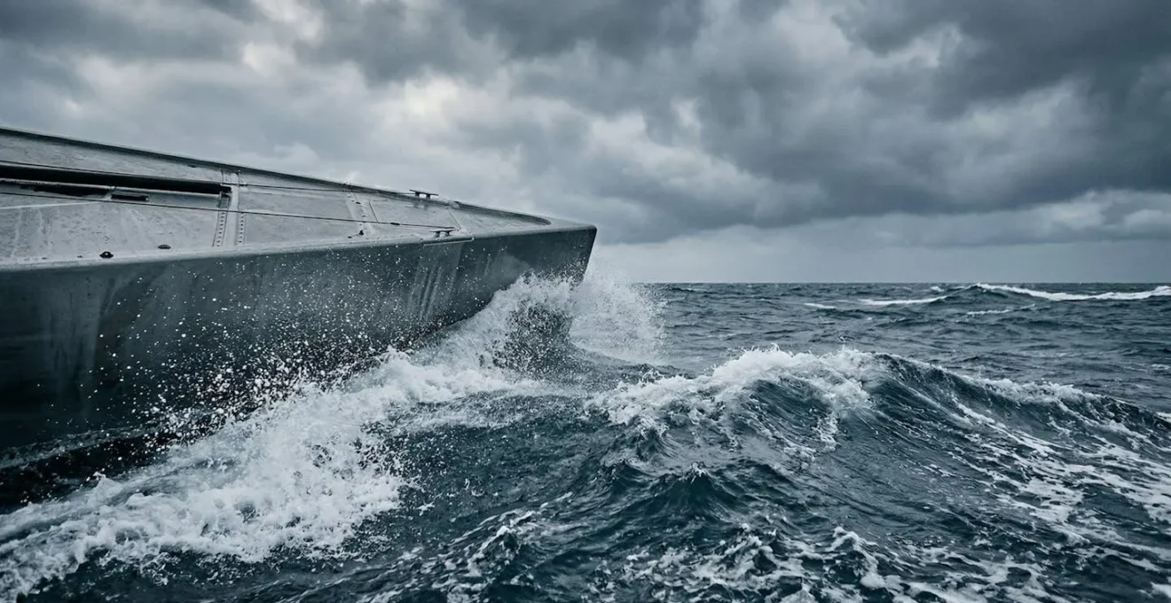 Vue dynamique d'une coque de voilier fendant les vagues par mer formée