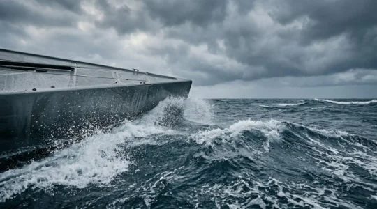 Vue dynamique d'une coque de voilier fendant les vagues par mer formée