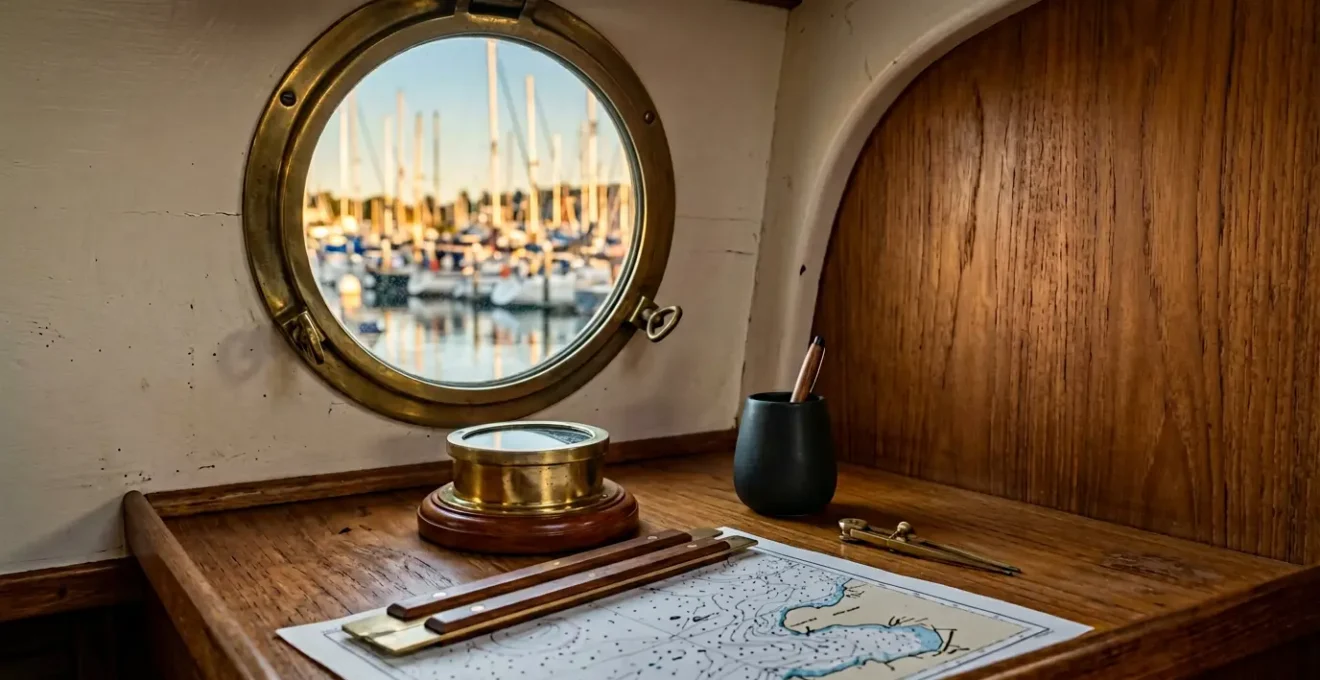 Espace de travail organisé montrant un système d'archivage numérique pour la maintenance nautique