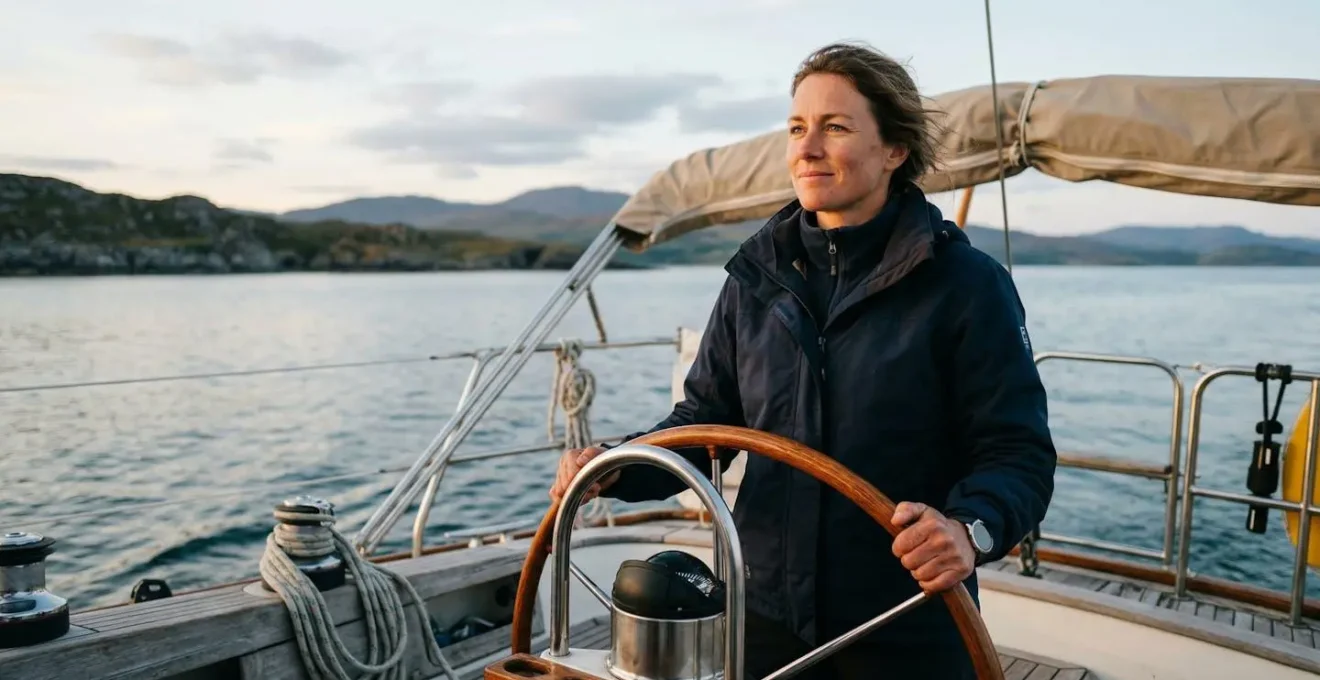 Navigateur concentré à la barre d'un voilier lors d'une première sortie en mer par temps calme