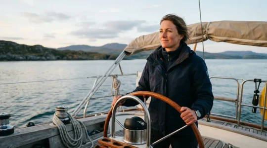 Navigateur concentré à la barre d'un voilier lors d'une première sortie en mer par temps calme