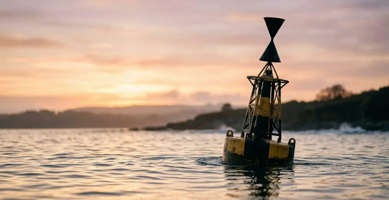 Bouée cardinale avec cônes noirs superposés émergeant de l'eau en navigation côtière