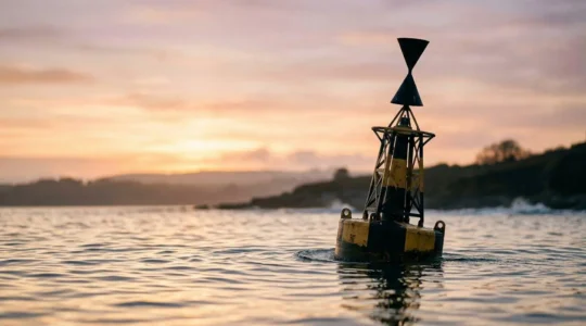 Bouée cardinale avec cônes noirs superposés émergeant de l'eau en navigation côtière