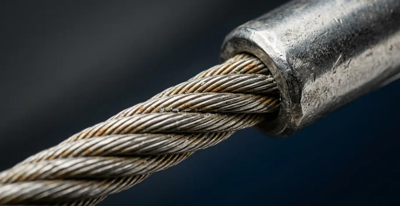 Gros plan photographique d'un câble d'accastillage en inox 316L marin montrant une zone de sertissage avec signes subtils de corrosion naissante