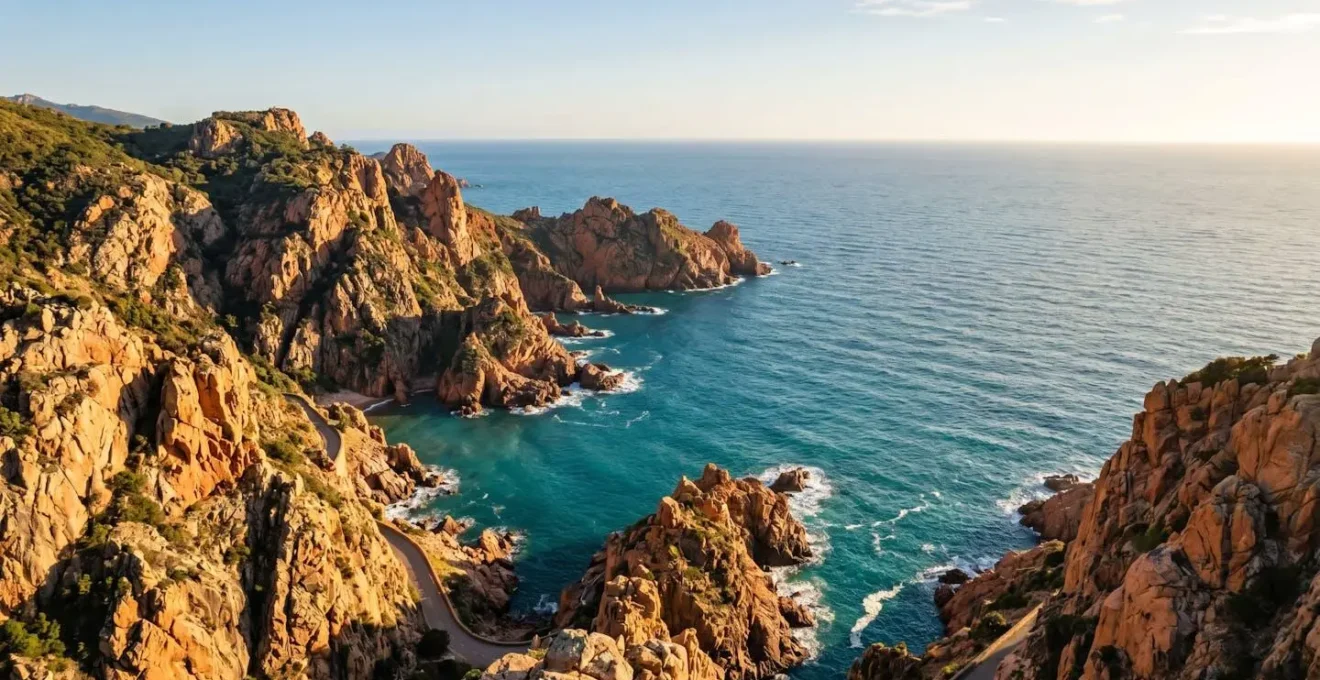 Vue aérienne des calanques de Piana au coucher du soleil, falaises de granite rose sculptées surplombant une mer Méditerranée turquoise