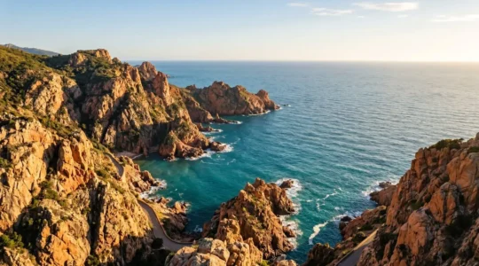Vue aérienne des calanques de Piana au coucher du soleil, falaises de granite rose sculptées surplombant une mer Méditerranée turquoise