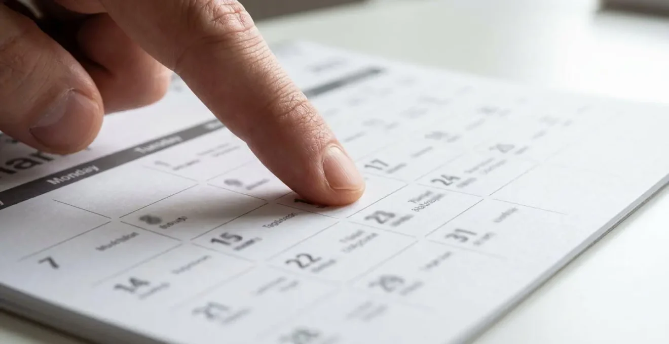 Gros plan d'un doigt pointant des dates sur un calendrier papier posé sur une table lumineuse, mise au point nette sur les chiffres
