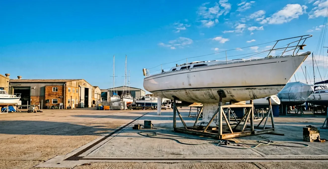 Voilier sur bers dans aire de carénage professionnelle au printemps