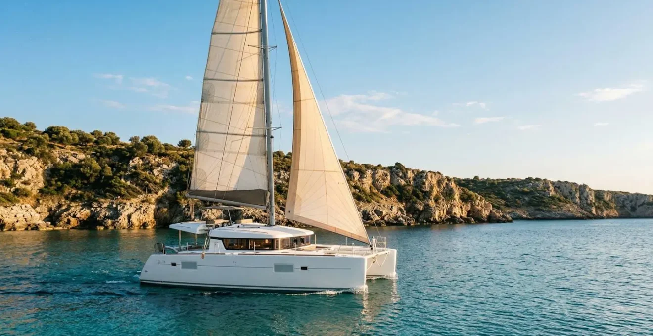 Catamaran moderne naviguant sur les eaux turquoise de la Méditerranée avec un équipage profitant du pont spacieux