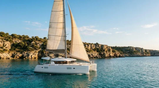 Catamaran moderne naviguant sur les eaux turquoise de la Méditerranée avec un équipage profitant du pont spacieux