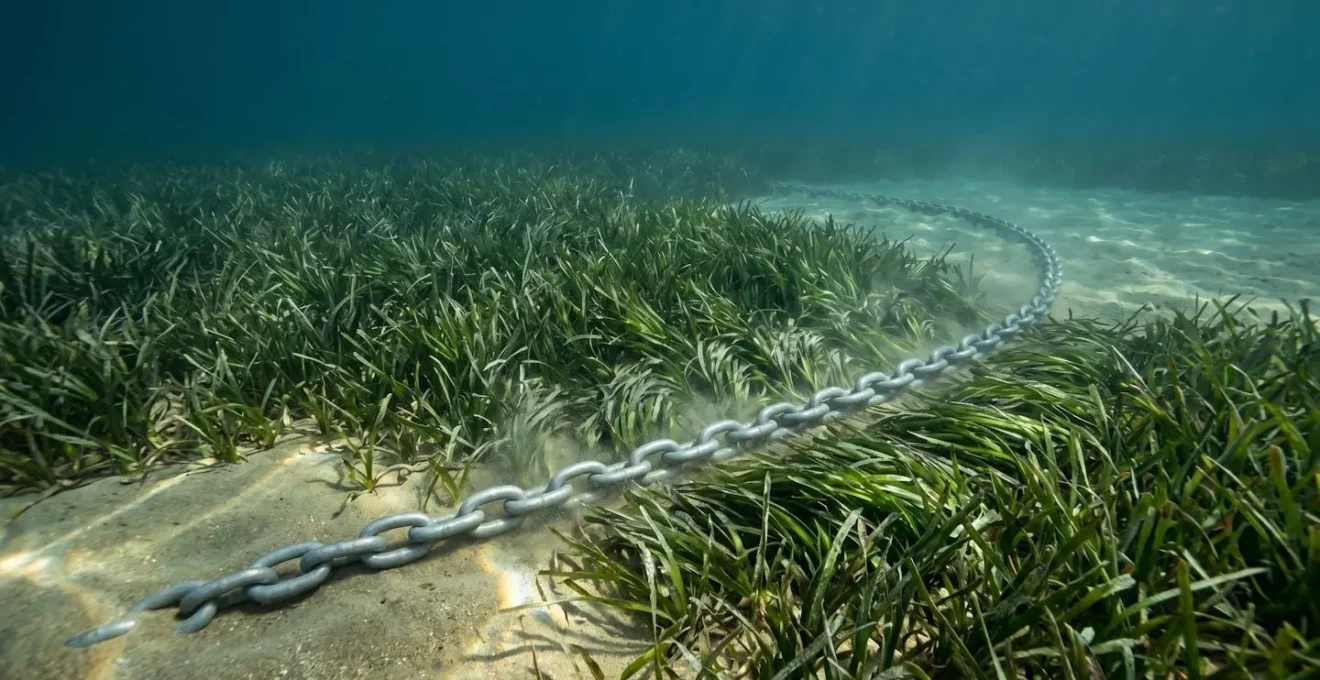 Vue sous-marine d'une longue chaîne d'ancrage serpentant sur un fond marin mixte sable et posidonie lors du pivotement d'un bateau