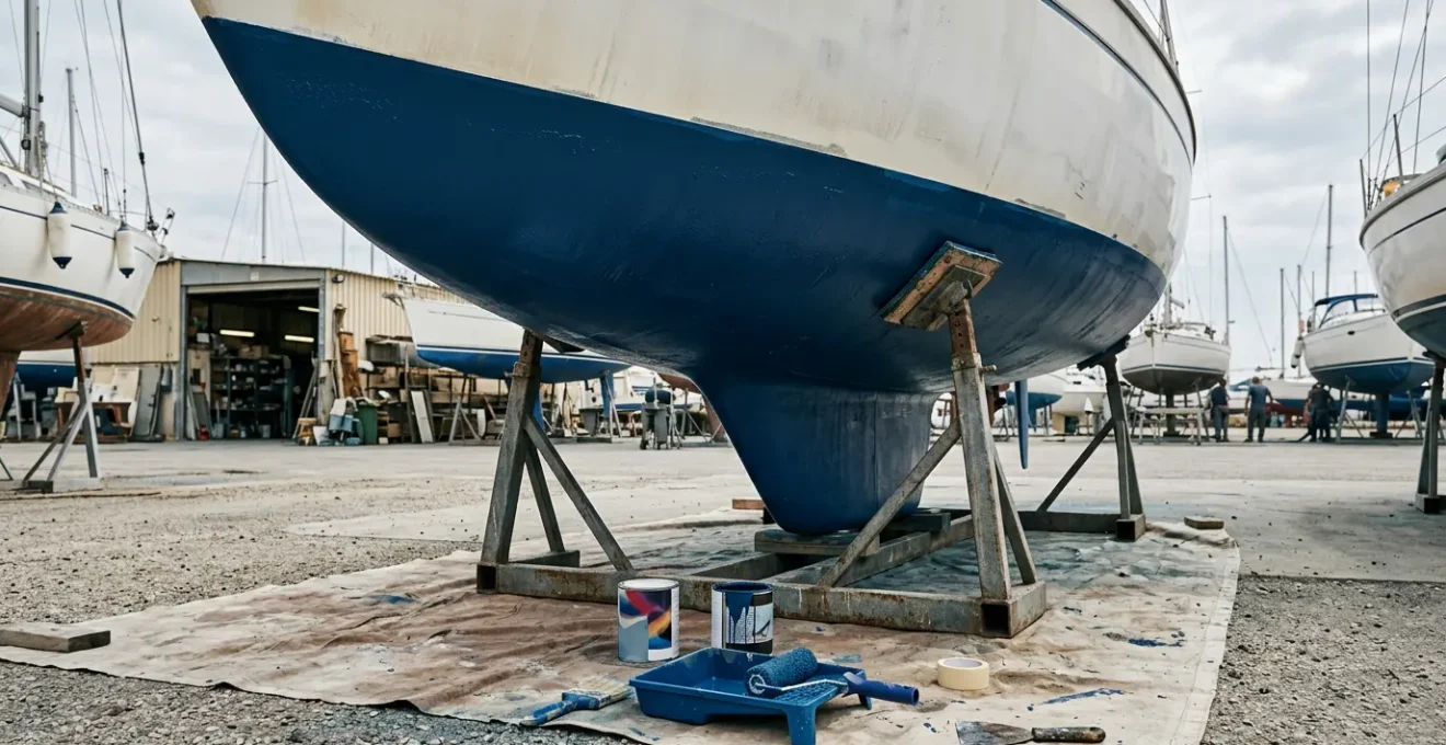 Coque de voilier en carénage avec peinture antifouling bleue et outils d'application professionnels