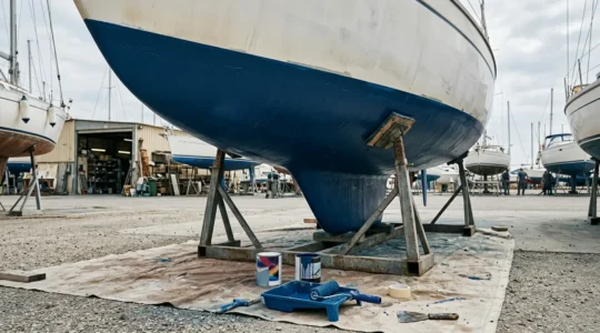 Coque de voilier en carénage avec peinture antifouling bleue et outils d'application professionnels
