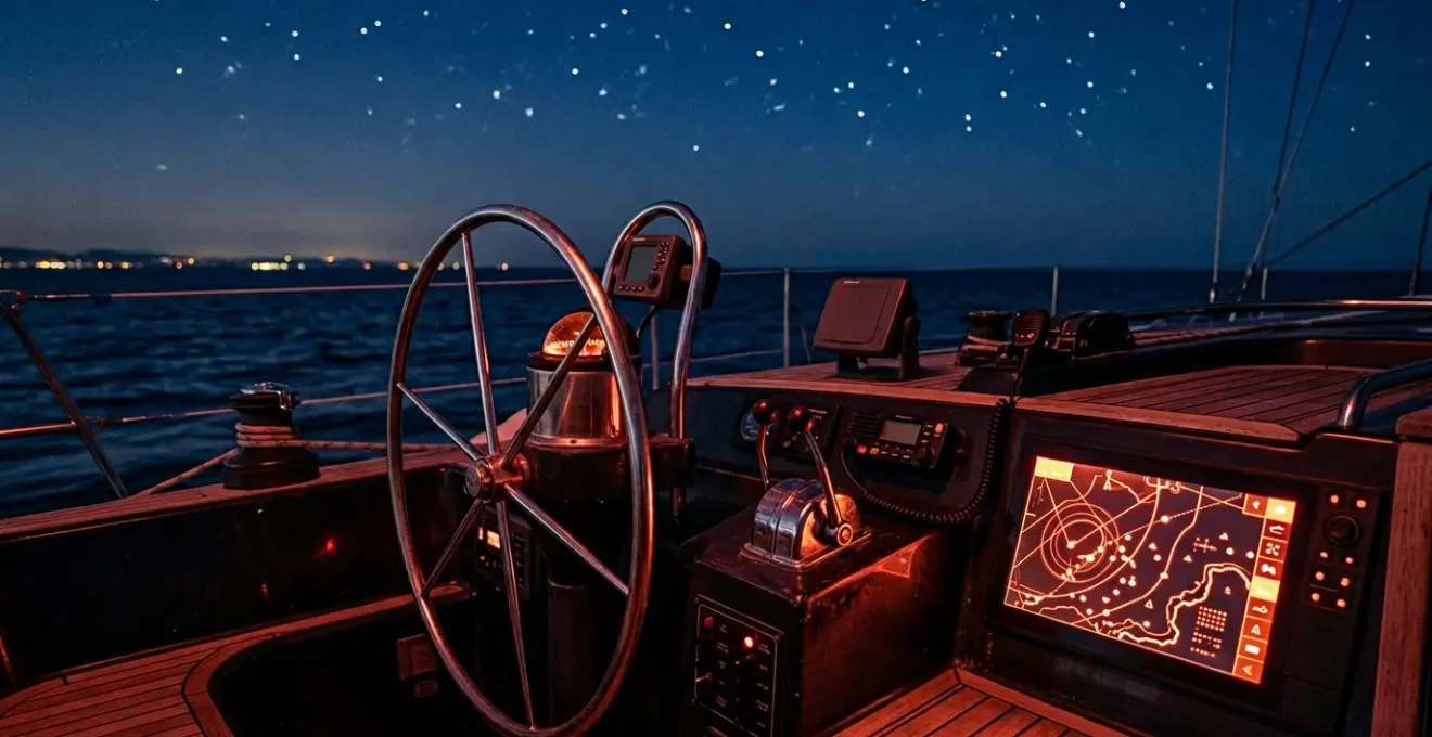 Poste de barre d'un voilier équipé d'écrans multifonctions affichant des données de navigation dans l'obscurité