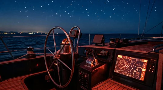 Poste de barre d'un voilier équipé d'écrans multifonctions affichant des données de navigation dans l'obscurité