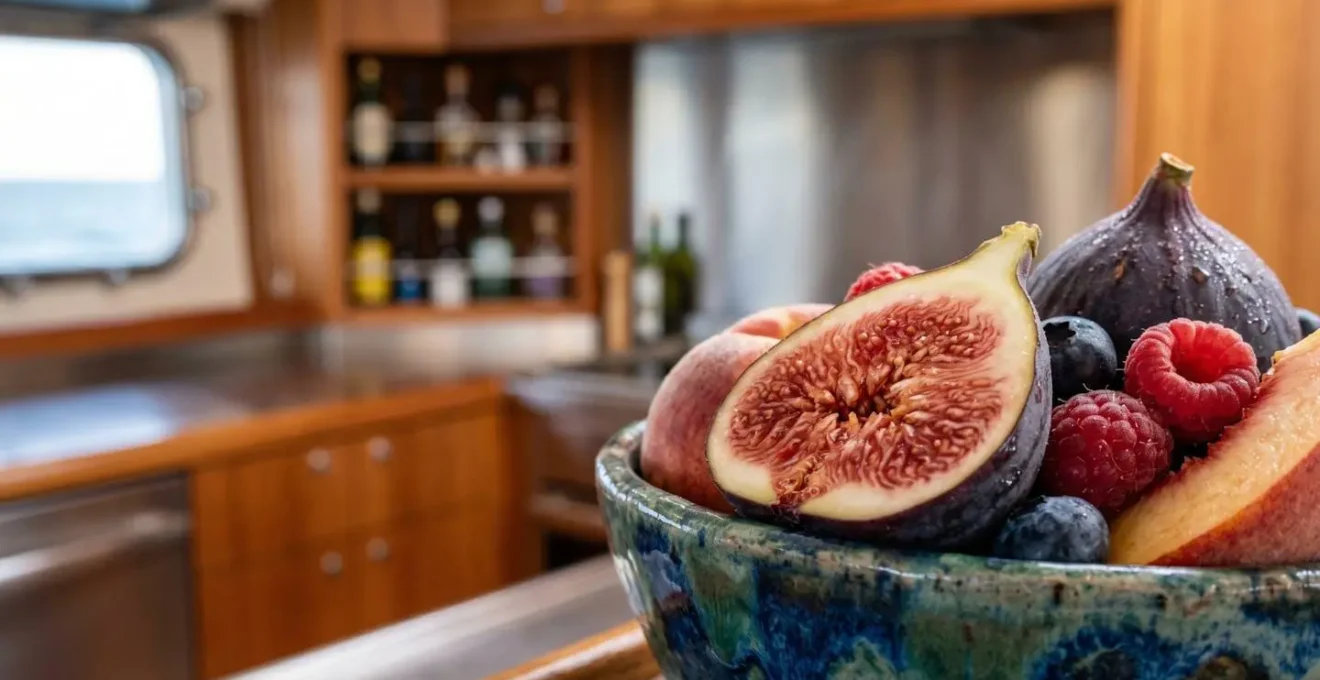 Détail macro de fruits frais parfaitement conservés à bord d'un yacht