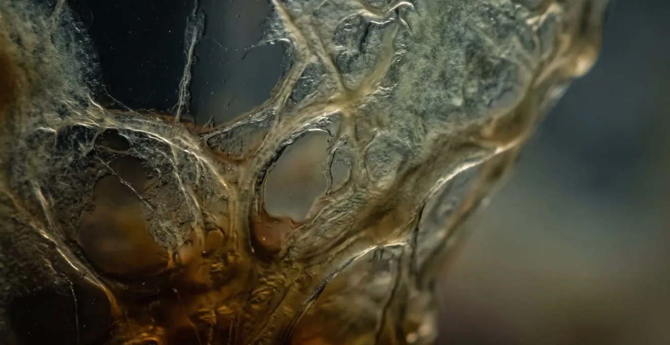 Détail macro d'un biofilm bactérien se développant à l'interface eau-gasoil dans un réservoir de carburant marin