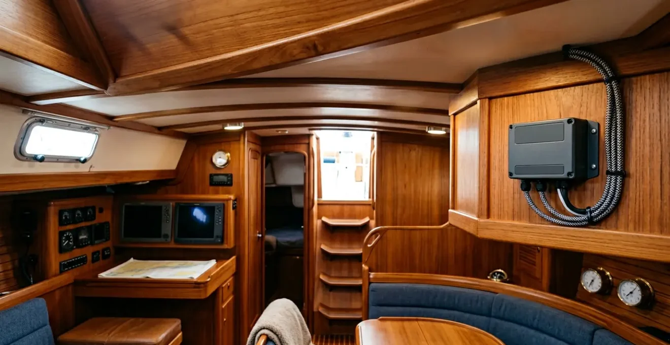 Système d'éclairage LED moderne installé dans le carré d'un voilier avec panneaux de contrôle et câblage sécurisé