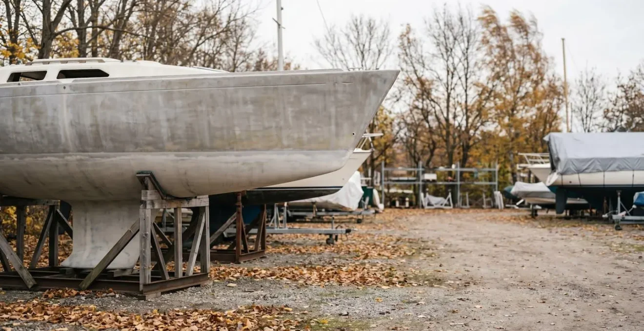Voilier sur ber aire de carenage exterieure automne coque pelee en cours de sechage naturel