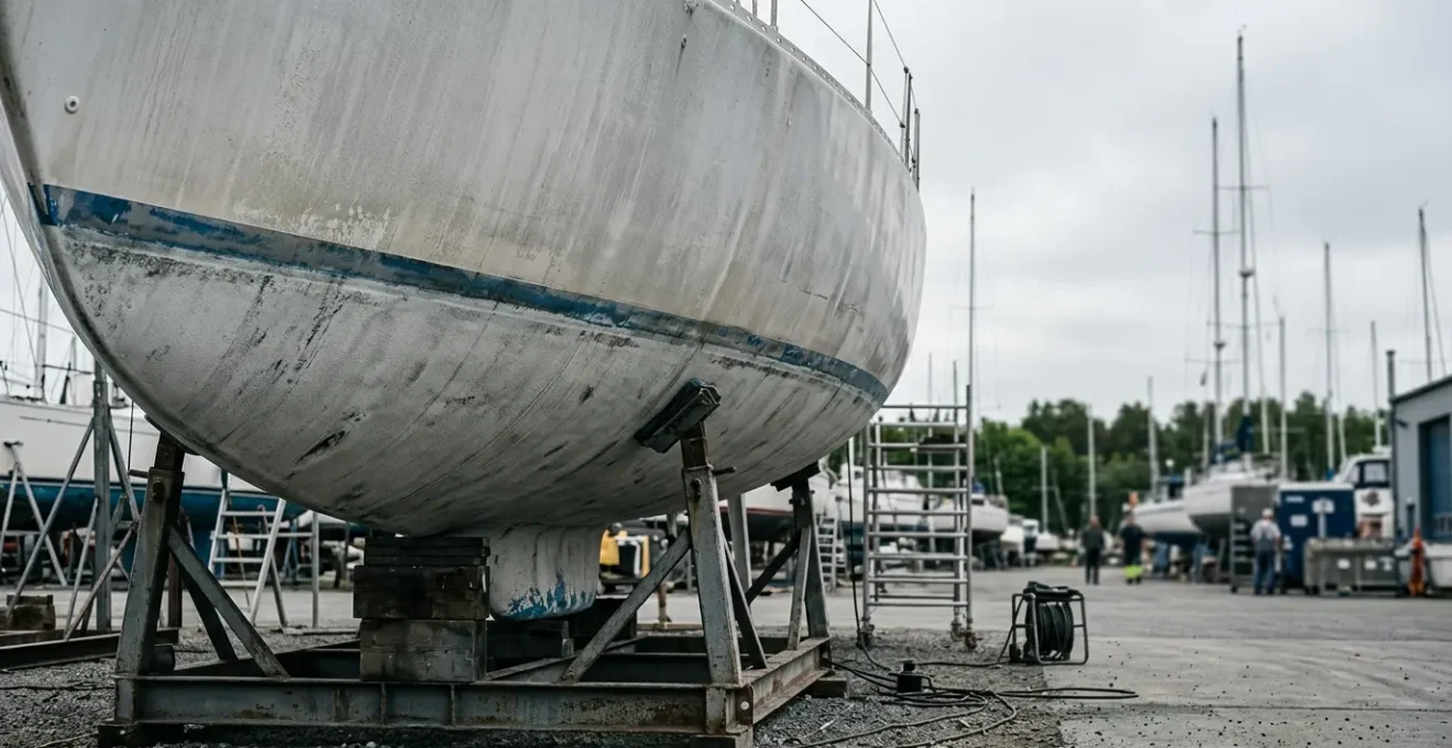 Coque de voilier en polyester sortie de l'eau pour traitement anti-humidite et inspection osmose