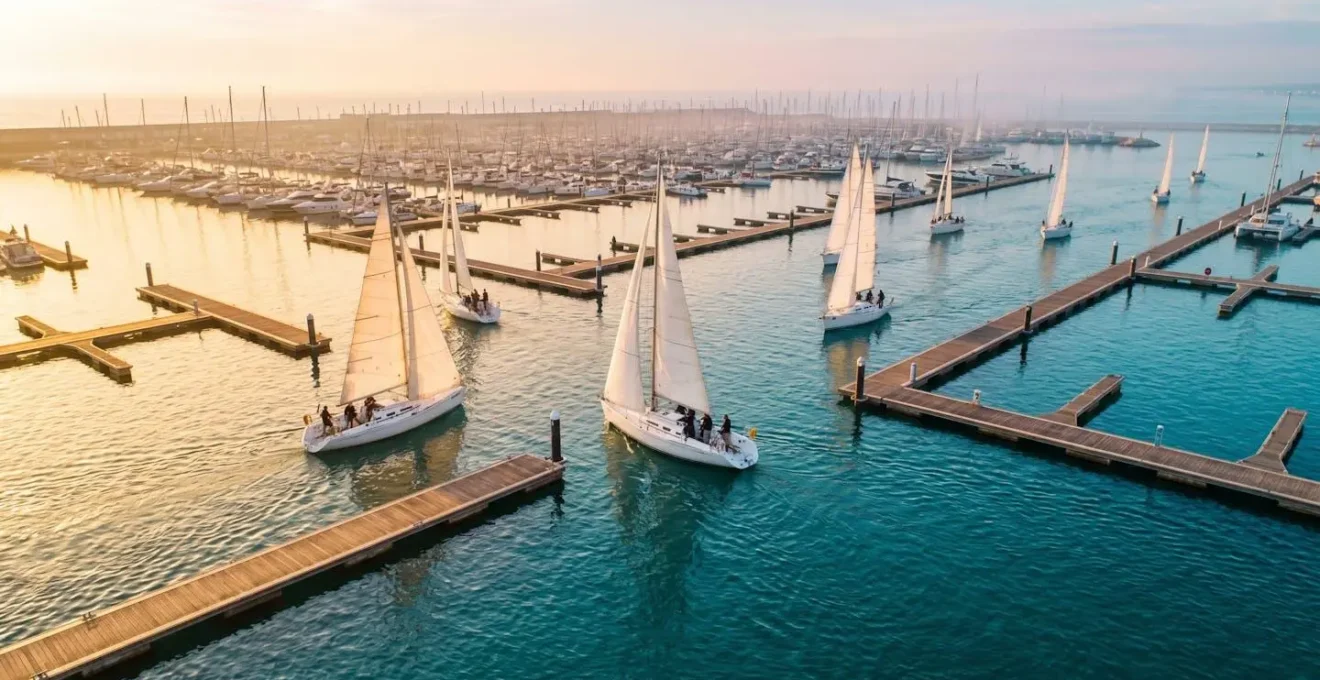 Vue aérienne d'une marina méditerranéenne en fin d'après-midi avec plusieurs voiliers rentrant simultanément au port