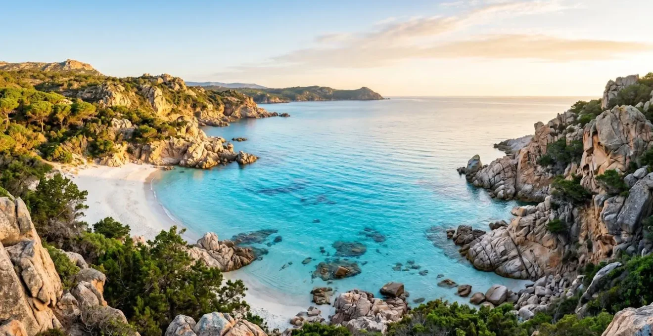 Une crique corse aux eaux turquoise bordée de formations rocheuses de granit rose sous une lumière matinale éclatante