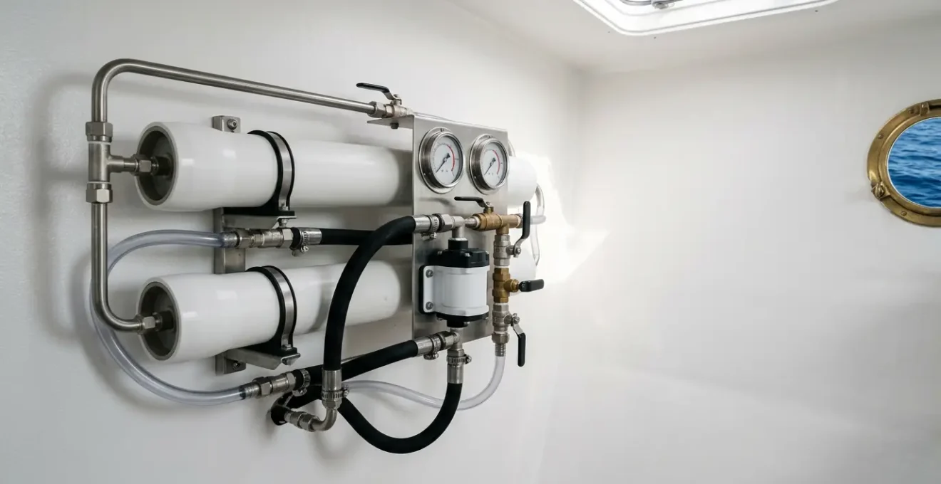 Système de dessalinisateur marin moderne à bord d'un voilier avec membranes d'osmose inverse et circuit hydraulique
