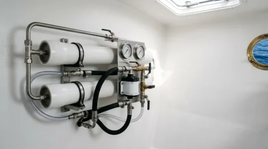Système de dessalinisateur marin moderne à bord d'un voilier avec membranes d'osmose inverse et circuit hydraulique