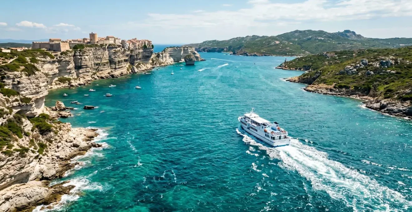 Vue aérienne sur les eaux turquoise du détroit de Bonifacio avec un ferry blanc traversant entre les côtes rocheuses de Corse et Sardaigne
