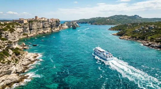 Vue aérienne sur les eaux turquoise du détroit de Bonifacio avec un ferry blanc traversant entre les côtes rocheuses de Corse et Sardaigne