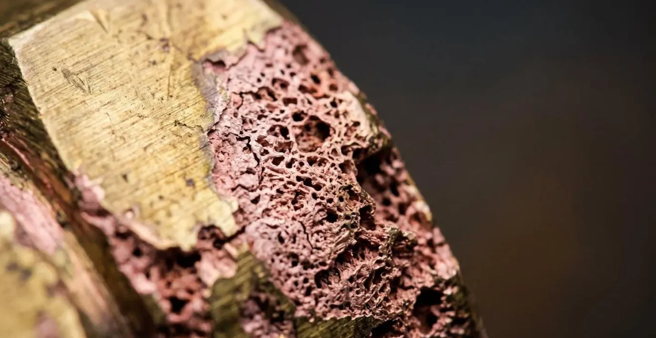 Vue macro d'une surface métallique montrant la détérioration progressive d'un alliage marin