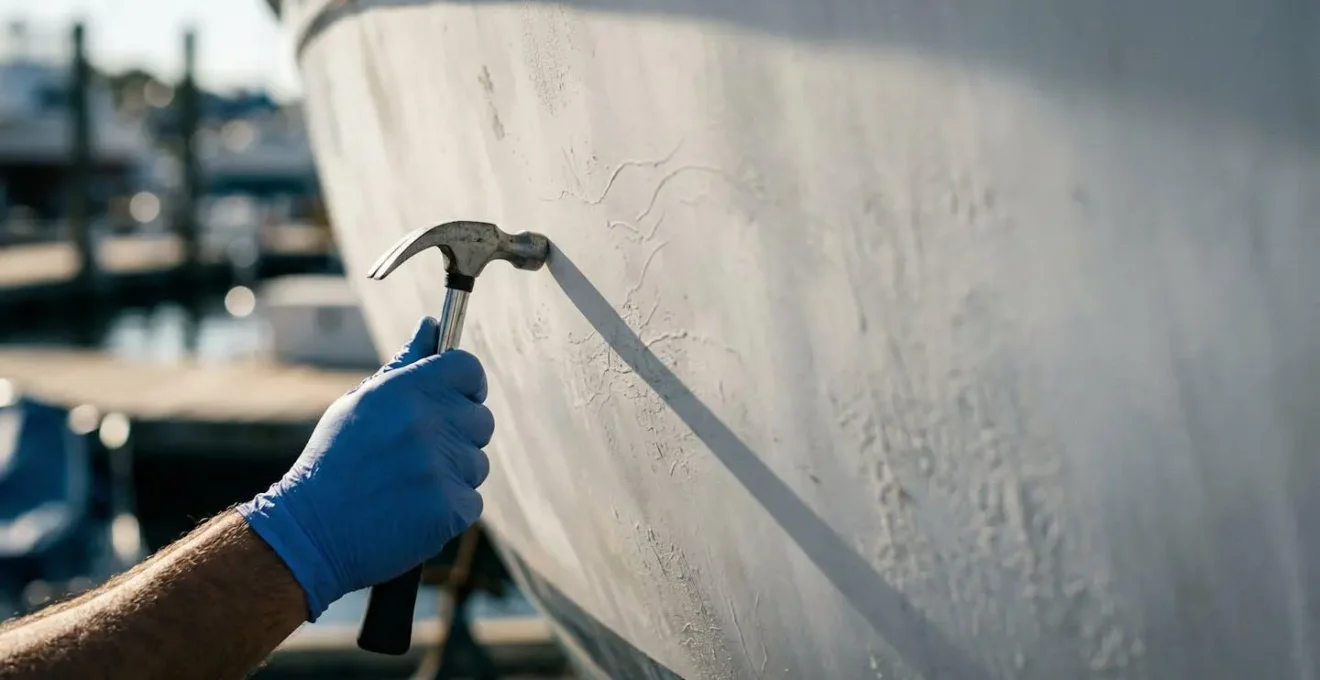 Inspection minutieuse de matériaux composites d'une coque de voilier révélant les signes invisibles de fatigue structurelle
