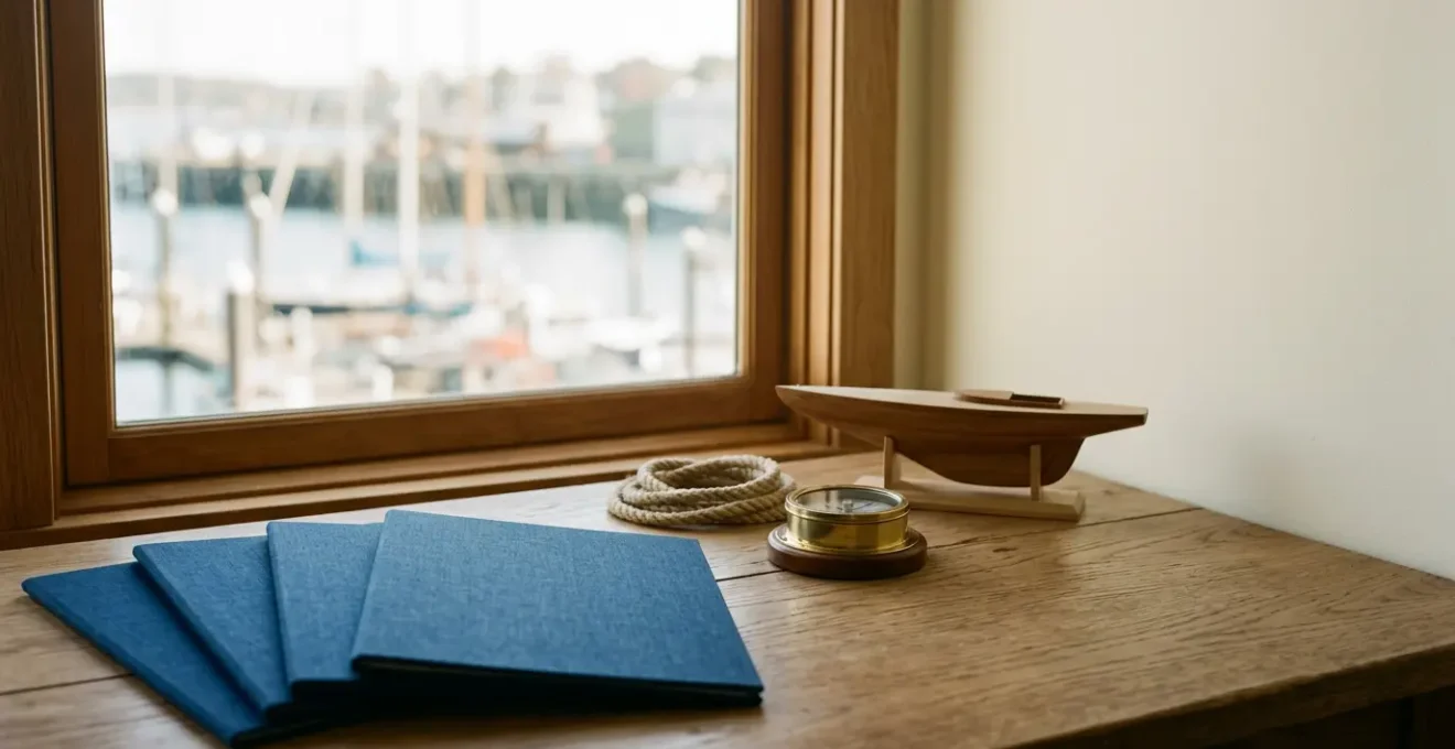 Environnement professionnel nautique avec documents administratifs et elements de navigation