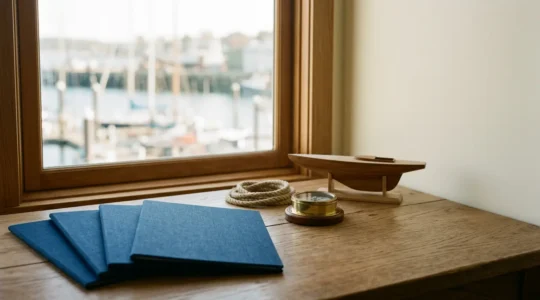 Environnement professionnel nautique avec documents administratifs et elements de navigation