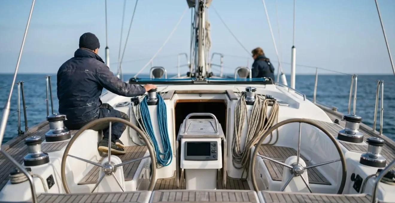 Vue du cockpit d'un voilier avec équipements bien répartis et centrés