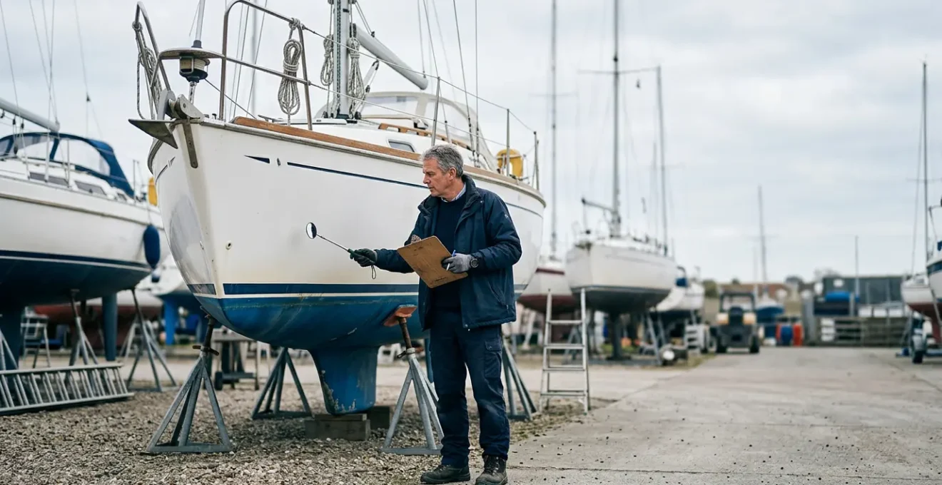Expert examinant un bateau de plaisance pour estimer sa valeur de revente