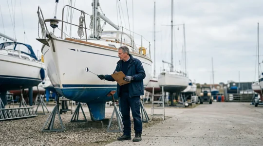 Expert examinant un bateau de plaisance pour estimer sa valeur de revente