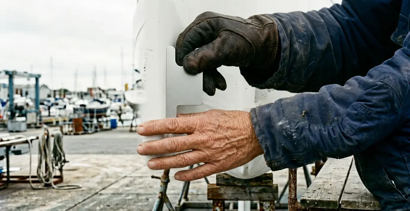 Expert maritime effectuant une inspection détaillée de la coque d'un voilier en chantier naval