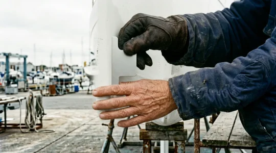 Expert maritime effectuant une inspection détaillée de la coque d'un voilier en chantier naval