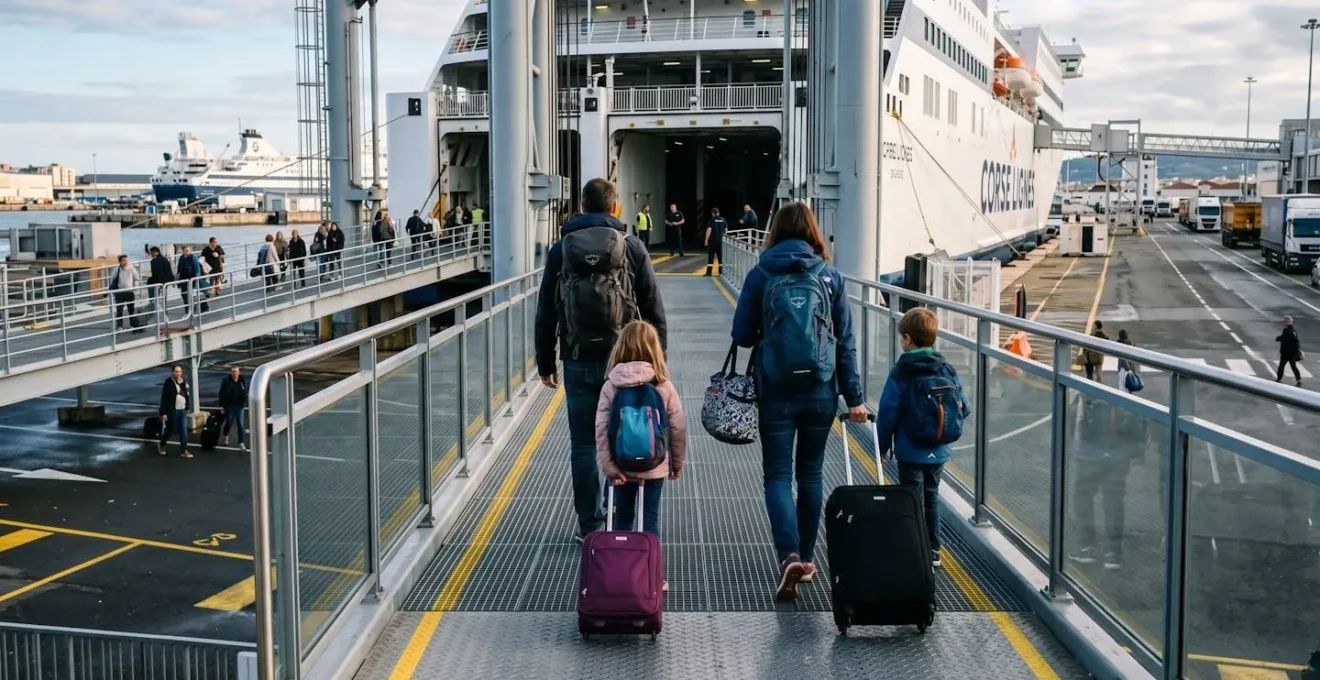 Une famille de quatre personnes vue de dos en train de monter la passerelle d'embarquement d'un ferry, avec valises et sacs à dos, dans un port moderne sous un ciel dégagé