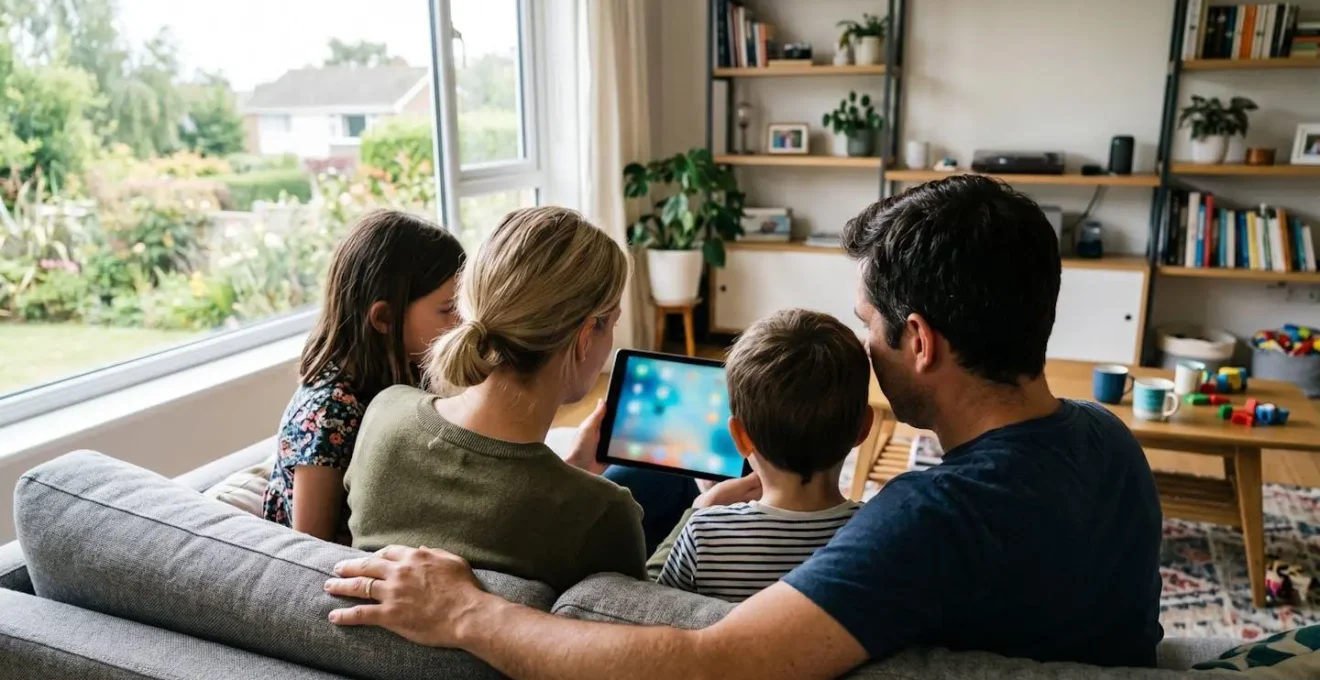 Une famille vue de dos examine ensemble un écran de tablette dans un salon contemporain éclairé par une grande fenêtre
