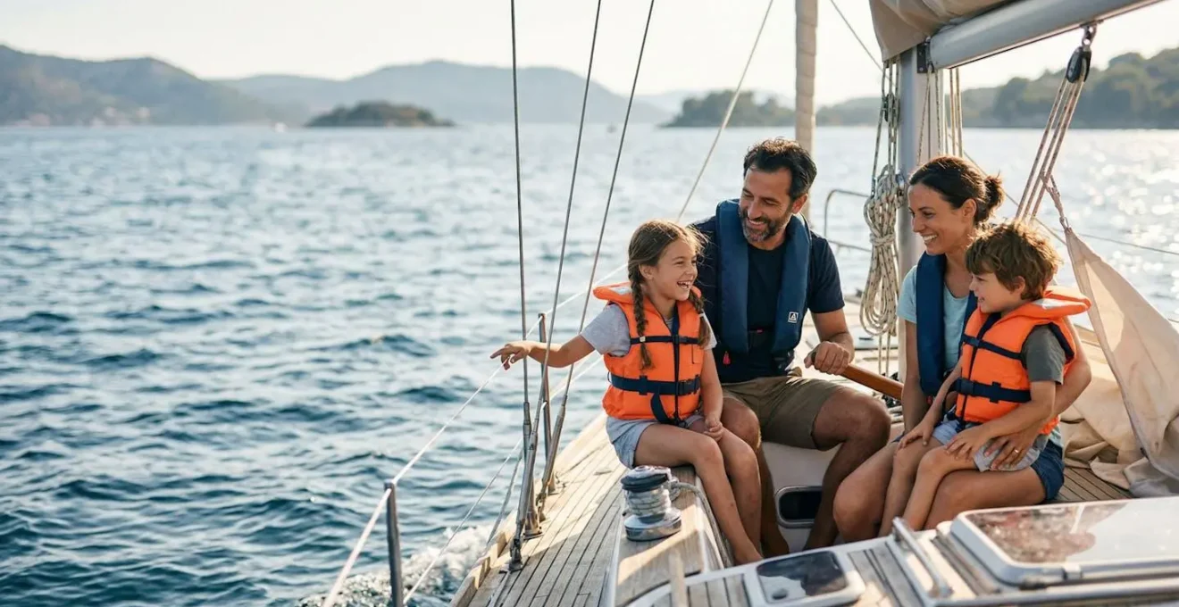 Famille heureuse portant des gilets de sauvetage modernes sur un voilier en navigation côtière