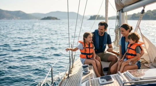 Famille heureuse portant des gilets de sauvetage modernes sur un voilier en navigation côtière