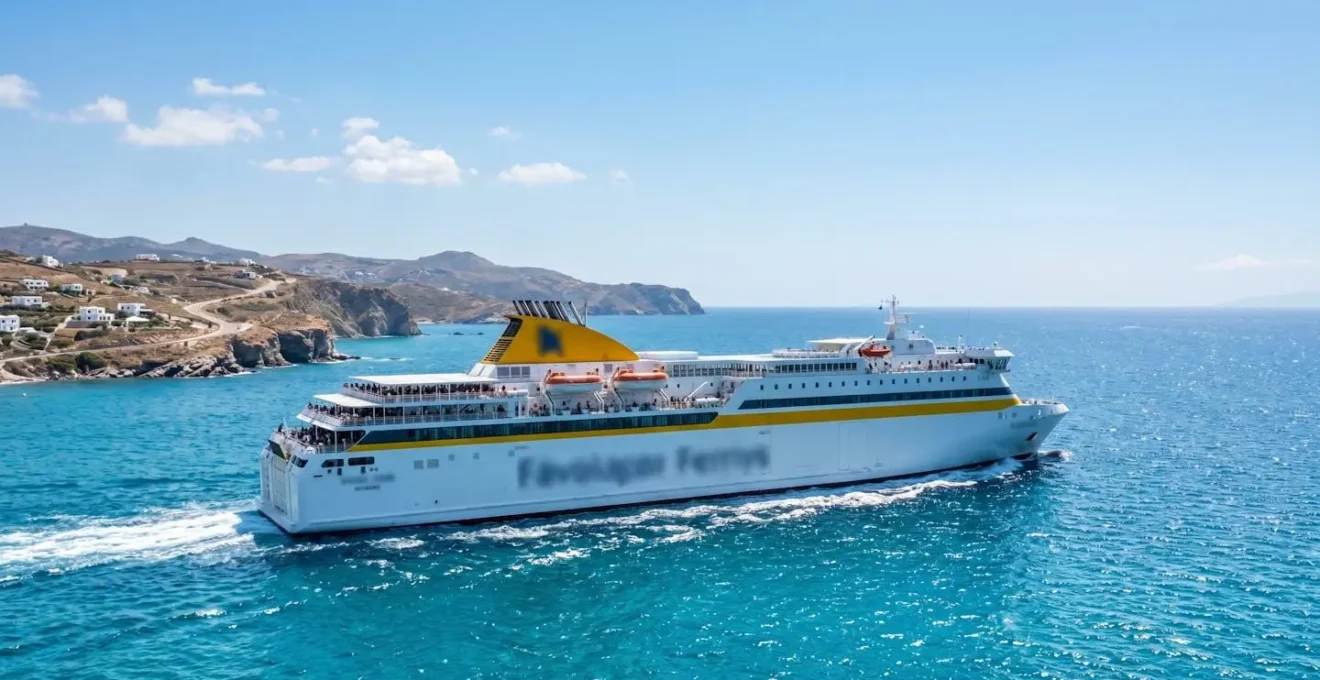 Un ferry blanc et jaune moderne navigue sur une mer Méditerranée bleue turquoise sous un ciel dégagé, route maritime vers la Corse