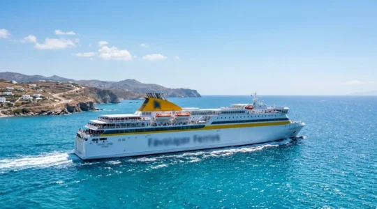 Un ferry blanc et jaune moderne navigue sur une mer Méditerranée bleue turquoise sous un ciel dégagé, route maritime vers la Corse