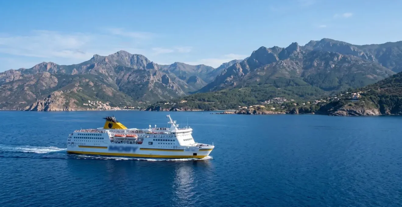 Un ferry moderne naviguant en mer Méditerranée par temps clair, avec la côte montagneuse de la Corse visible en arrière-plan