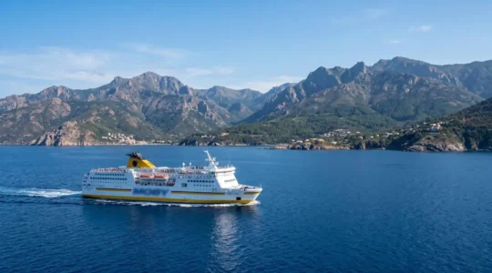 Un ferry moderne naviguant en mer Méditerranée par temps clair, avec la côte montagneuse de la Corse visible en arrière-plan