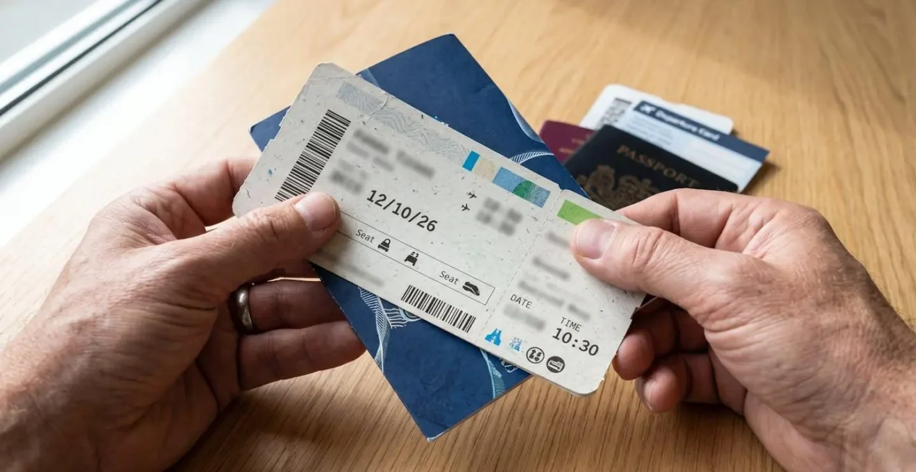 Gros plan sur des mains tenant des billets de ferry et passeports sur une table en bois clair, avec un flou artistique en arrière-plan