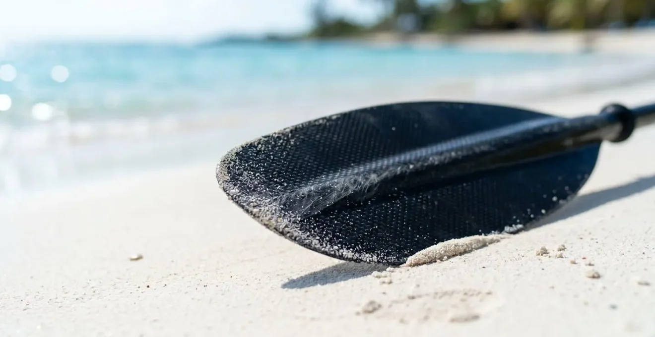 Gros plan d'une pagaie de kayak posée sur du sable blanc avec des eaux turquoise floues en arrière-plan
